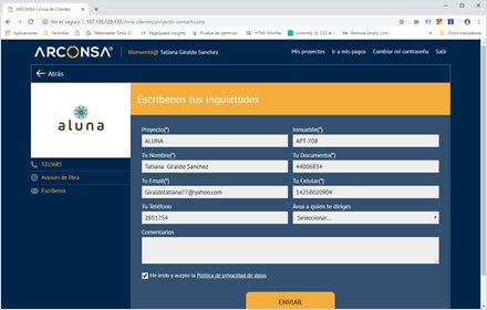Contacto, Web app Zona de Clientes Arconsa