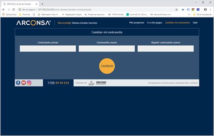 Cambio contraseña, Web app Zona de Clientes Arconsa