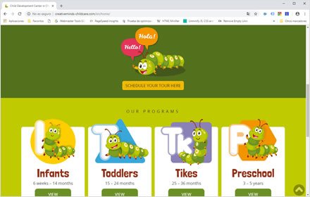 Home, Sitio web Wordpress Cretive Minds Childcare