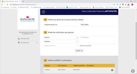 Nueva solicitud postventa, Extranet de Clientes Vértice Ingenieros