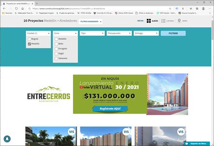 Filtro de proyectos, Sitio web administrable Constructora Capital
