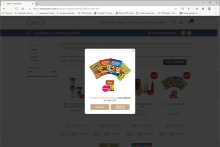 Popup adición de producto, Tienda online Greco