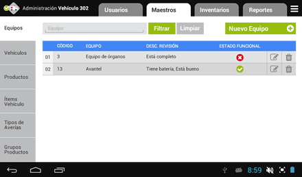 Listado maestro equipos, Diseño de interfaces APP Appbulancia | UdeA