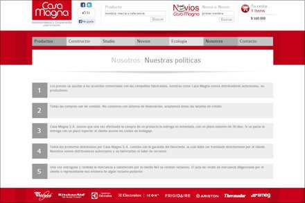 Políticas, Tienda electrónica Casa Magna