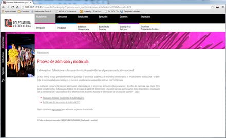 Admisiones, Web Joomla Colegiatura