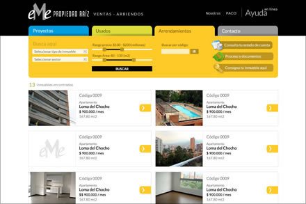 Proyectos en arriendo, Diseño de interfaces EME Propiedad Raiz