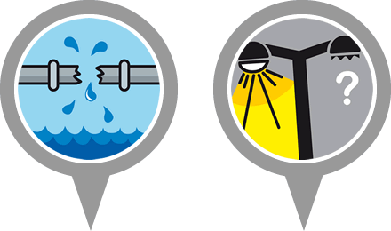 Problema de aguas / Alumbrado público, Íconos y Brochure En tu mano