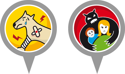 Maltrato animal / Maltrato mujeres y niños, Íconos y Brochure En tu mano