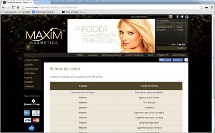 Puntos de venta, Tienda e-commerce Maxim Cosmetics