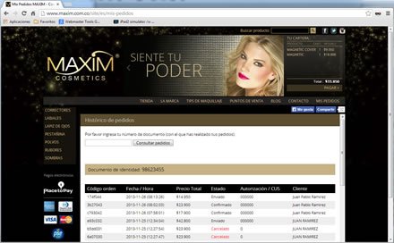 Mis compras, Tienda e-commerce Maxim Cosmetics