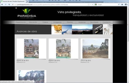 Avances de obra, Sitio web Paradisia