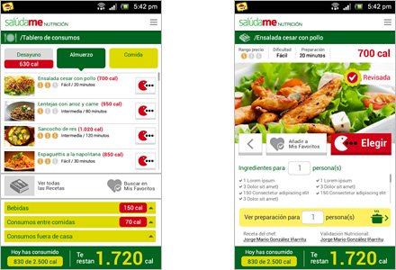 Listado de recetas, Interfaces APP móvil Salúdame Nutrición