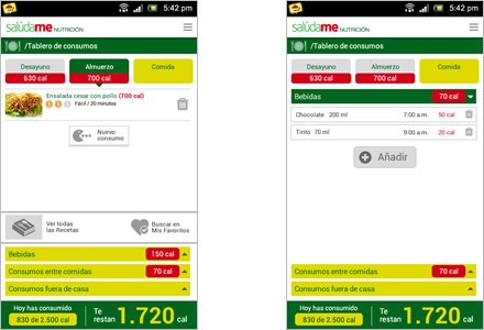 Tablero de consumos, Interfaces APP móvil Salúdame Nutrición