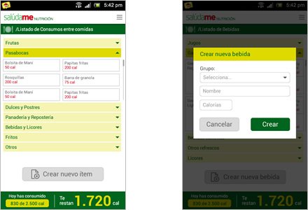 Snacks, Interfaces APP móvil Salúdame Nutrición