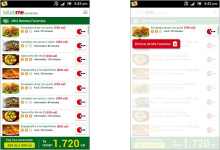 Favoritos, Interfaces APP móvil Salúdame Nutrición