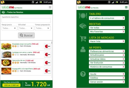 Búsqueda / Menú, Interfaces APP móvil Salúdame Nutrición