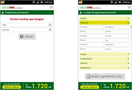 Preferencias, Interfaces APP móvil Salúdame Nutrición