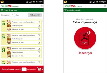Lista de mercado, Interfaces APP móvil Salúdame Nutrición