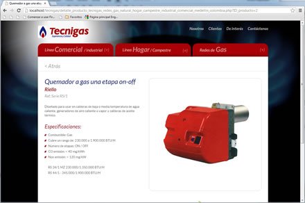 Detalle de producto, Sitio web Tecnigas