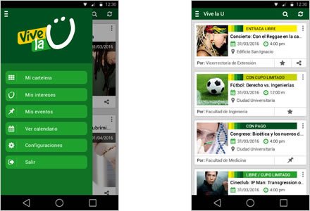 Menú / Lista eventos, Interfaces App y Web Vive la U (U de A)