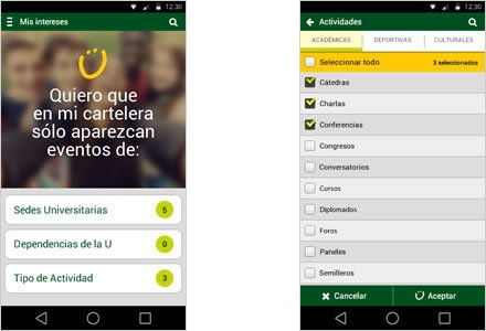 Configuración de preferencias, Interfaces App y Web Vive la U (U de A)